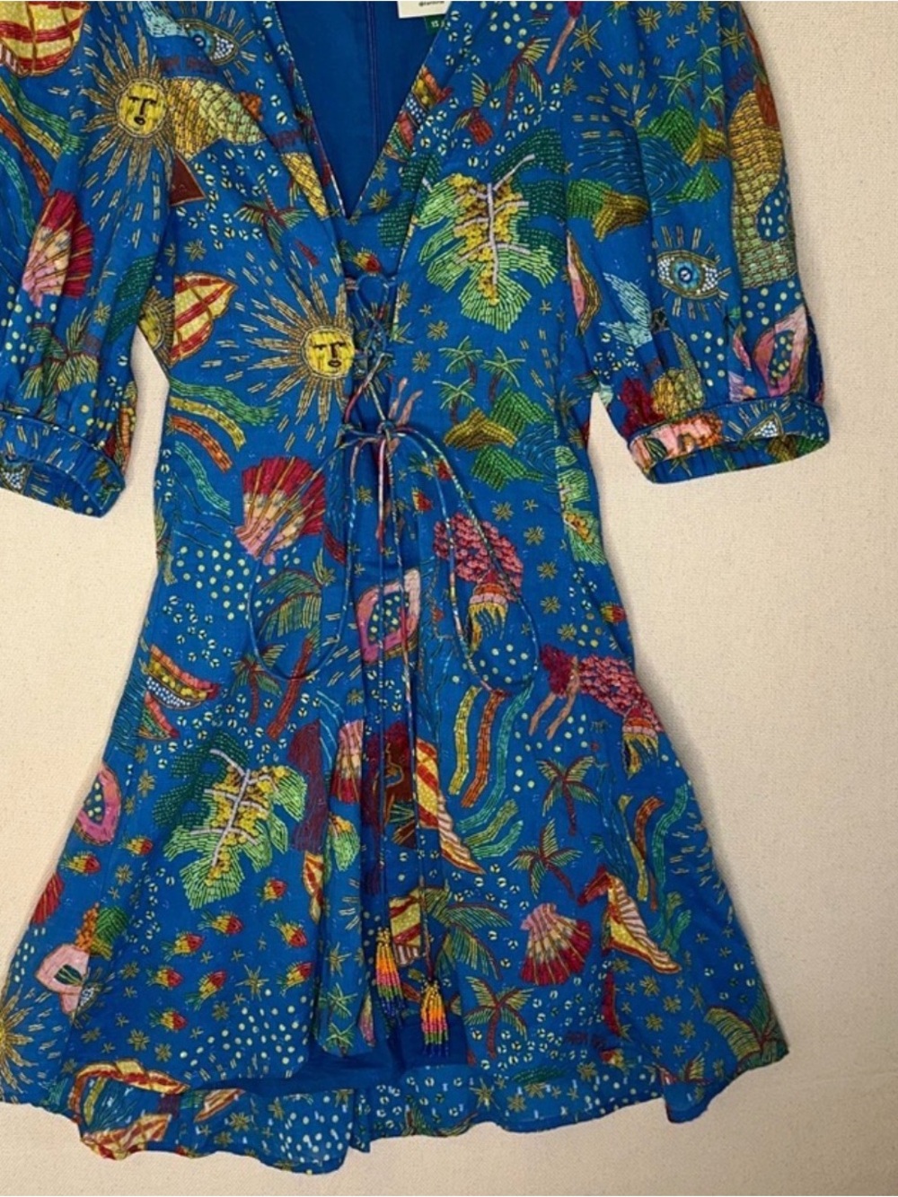 FARM Rio Blue Tropical Shell Lace-Up Cotton Top - Picture 2 of 10